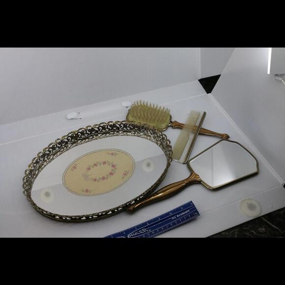 Vintage Ornate Mirrored Vanity Tray Brush Comb Hand Held Mirror - Picture 5 of 8